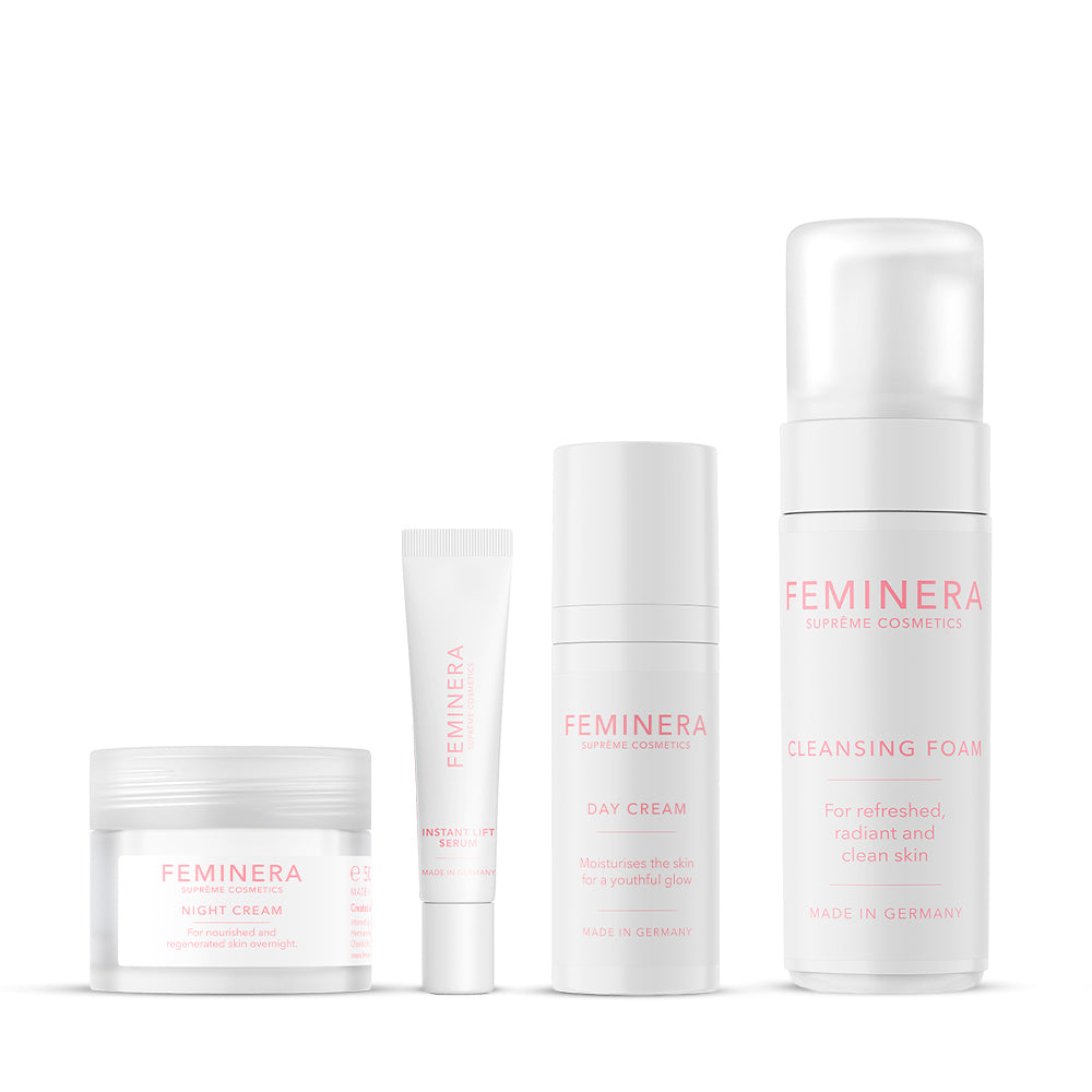 Happy Skin Set: Anti-Aging Pflege mit Tagescreme, Nachtcreme, Augenserum, Reinigungsschaum