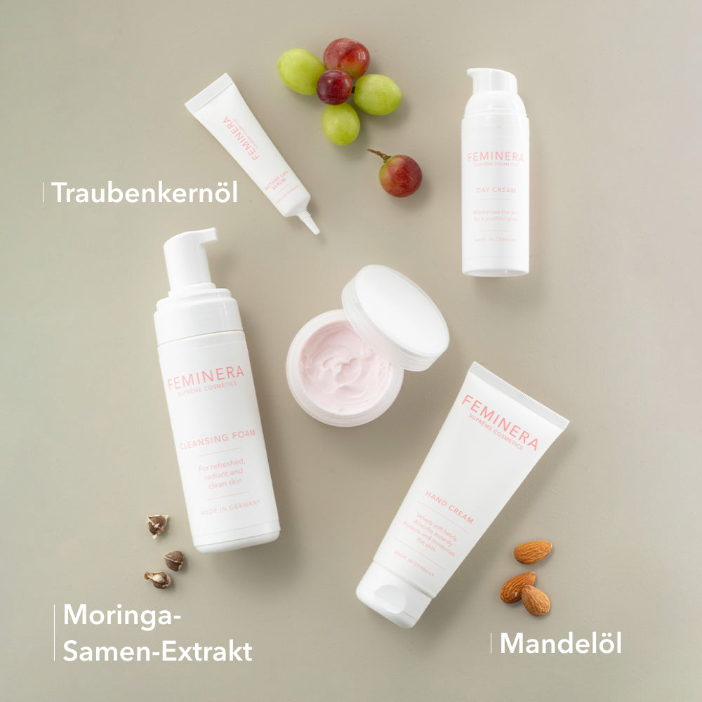 Anti-Aging Allrounder Set mit natürlichen Inhaltsstoffen: Traubenkernöl, Mandelöl, Moringa-Samen-Extrakt