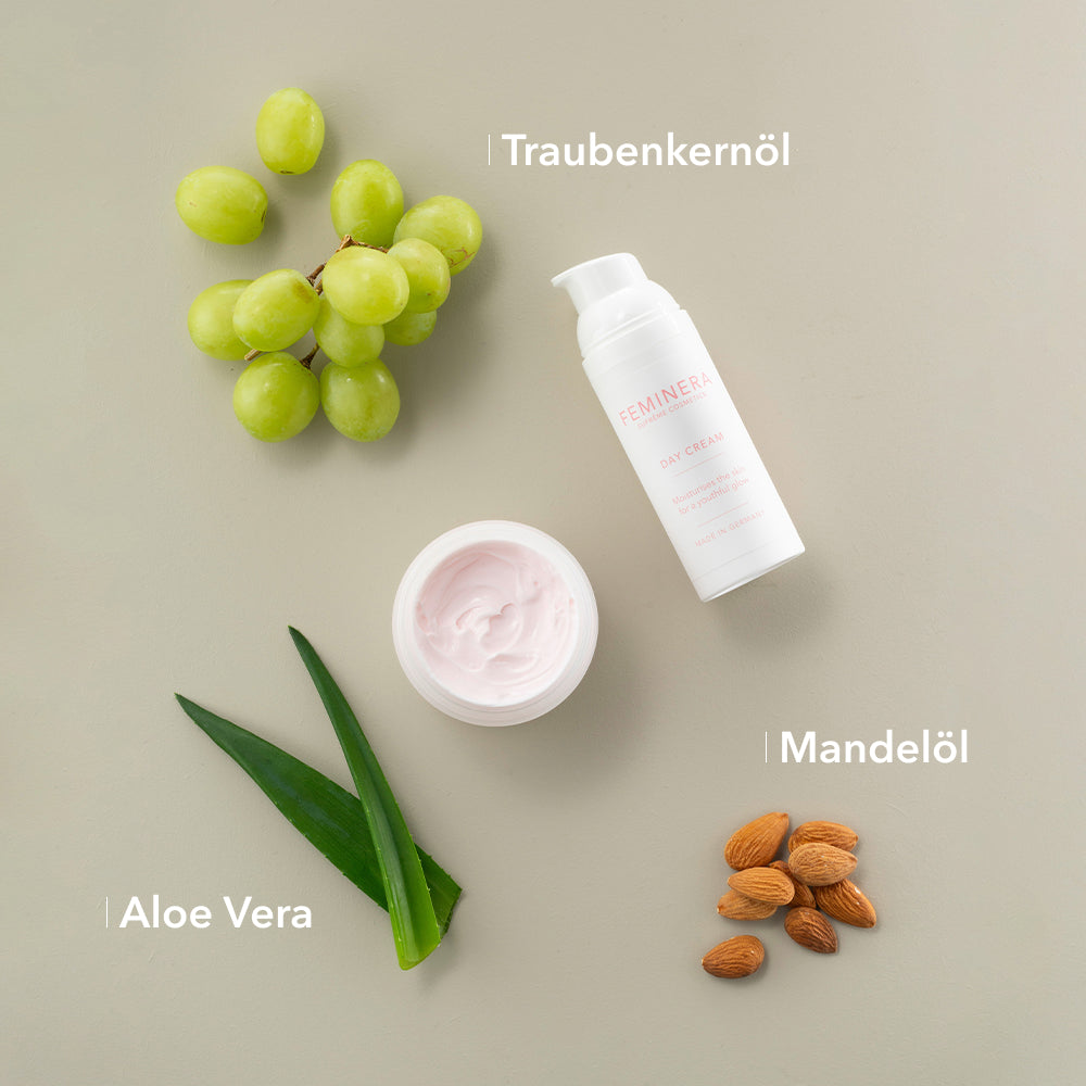 Duo Tages- und Nachtcreme mit natürlichen Inhaltsstoffen: Traubenkernöl, Aloe Vera, Mandelöl