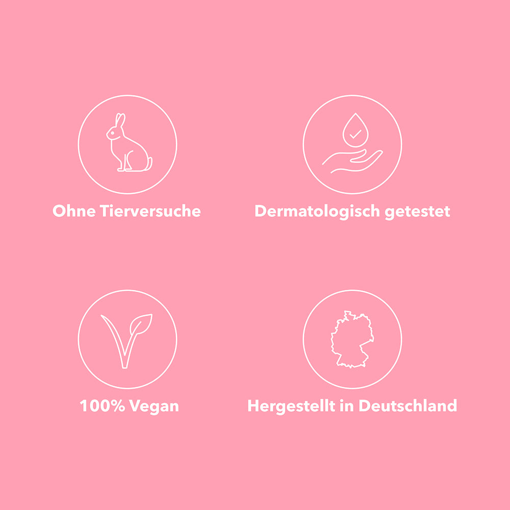 Feminera USPs: Ohne Tierversuche, dermatologisch getestet, 100% vegan, hergestellt in Deutschland