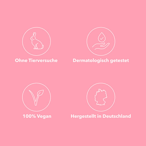 Feminera USPs: Ohne Tierversuche, dermatologisch getestet, 100% vegan, hergestellt in Deutschland