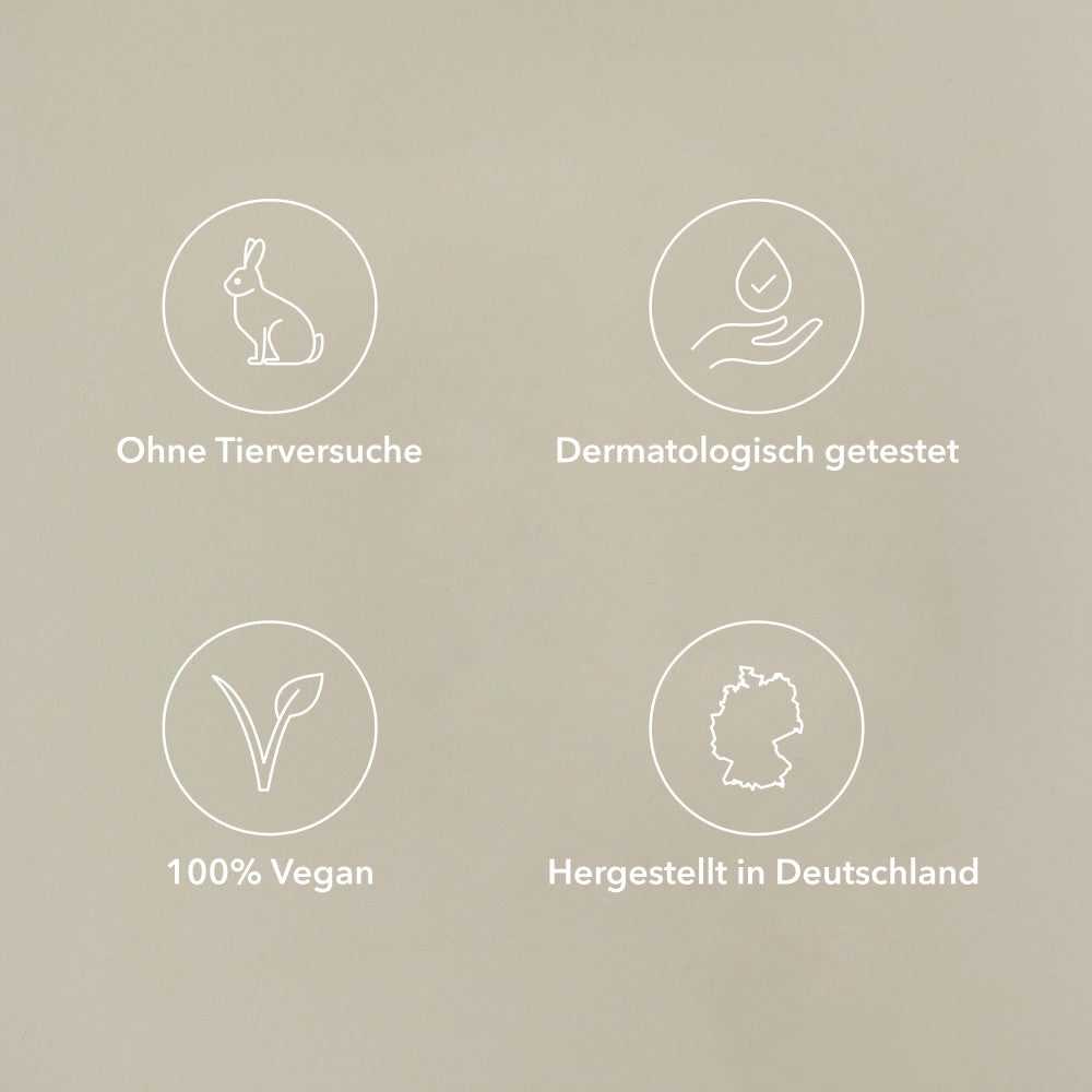 Ohne Tierversuche, dermatologisch getestet, 100% vegan, hergestellt in Deutschland
